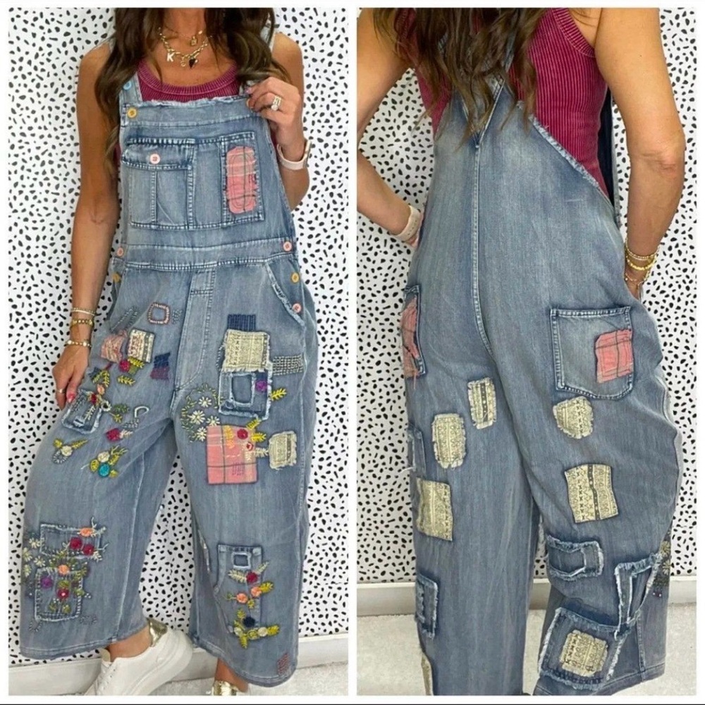 Blue Velvet Embroidered Patchwork Denim Overalls